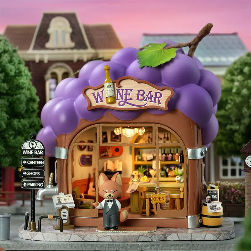 

DIY Mini Grape Wine Bar Dollhouse Kit 3D Wooden Puzzle with LED Light and Furniture Handmade Mini House for Home Decor Gift