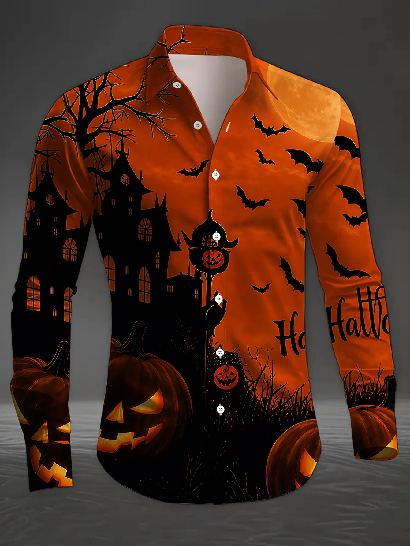 Autumn Men Lapel Collar Shirt Spooky Haunted House Pumpkin Bat Night Scene Graphic Polyester Long‑Sleeve Top
