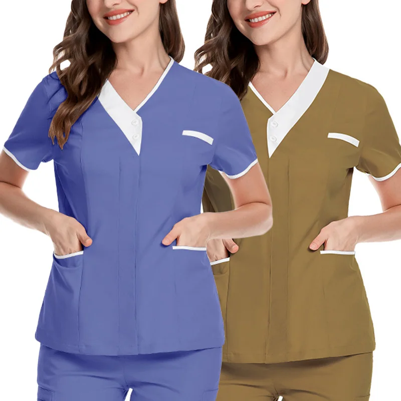 

Women Nurse V-neck Short Sleeved Tops Medical Hospital Doctor Nursing Working Uniform Surgical Dentist Beauty Salon Work Clothes