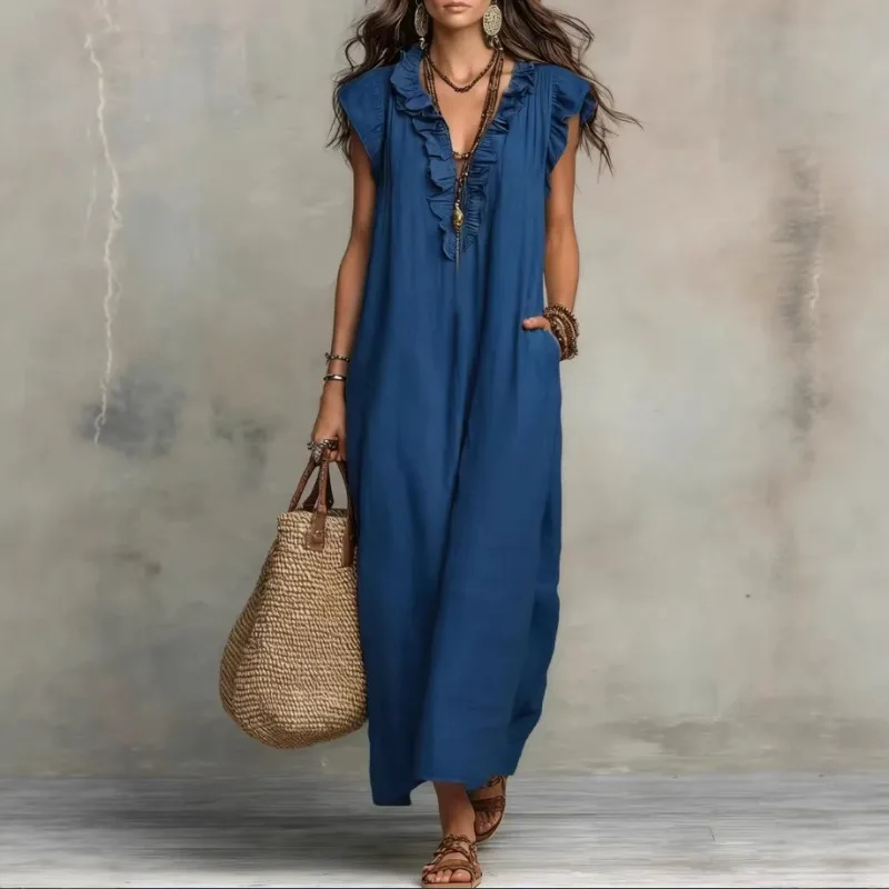 Women Spring Summer Boho Flutter Sleeve Floor Length Maxi Dress Elegant Beach Long Dress view 4