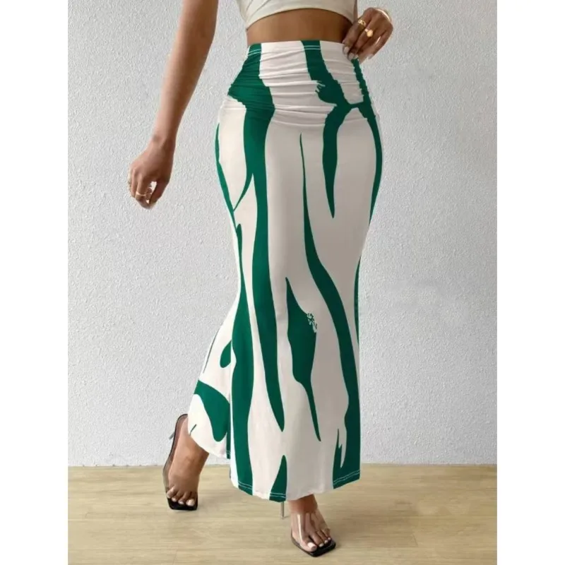 Długie spódnice dla kobiet Eleganckie, codzienne graficzne nadruki zebry Plisowane spódnice Wiosna Nowa moda Elastyczna wysoka talia Geometria Streetwear