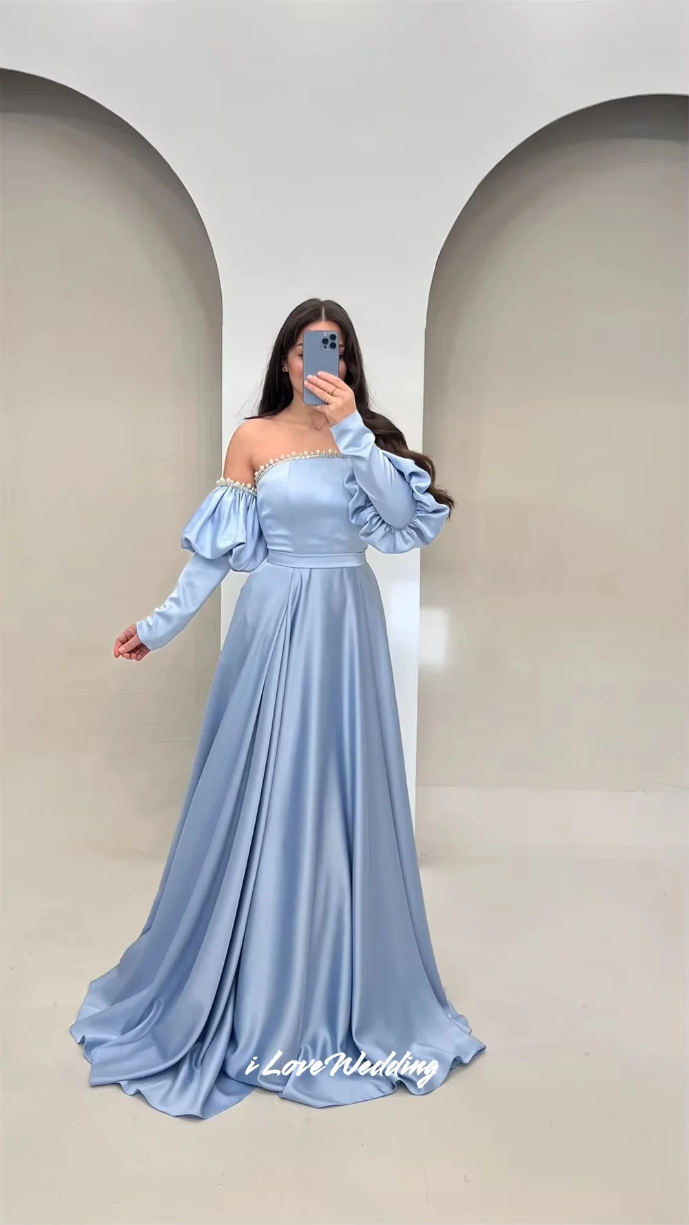 

Blue Pearl Strapless Prom Dresses Off Shoulder Long Sleeve A-Line Sweep Train Vestidos De Noche Floor-Length Pleated Customized