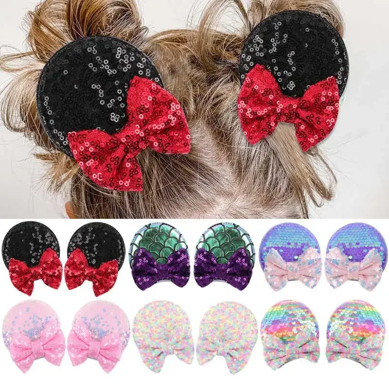 1Pairs Mouse Ears Hair Clips Colorful Glitter Sequin Hairbows For Girls Kids Cute Hairpins Headband Hair Styling Accessories