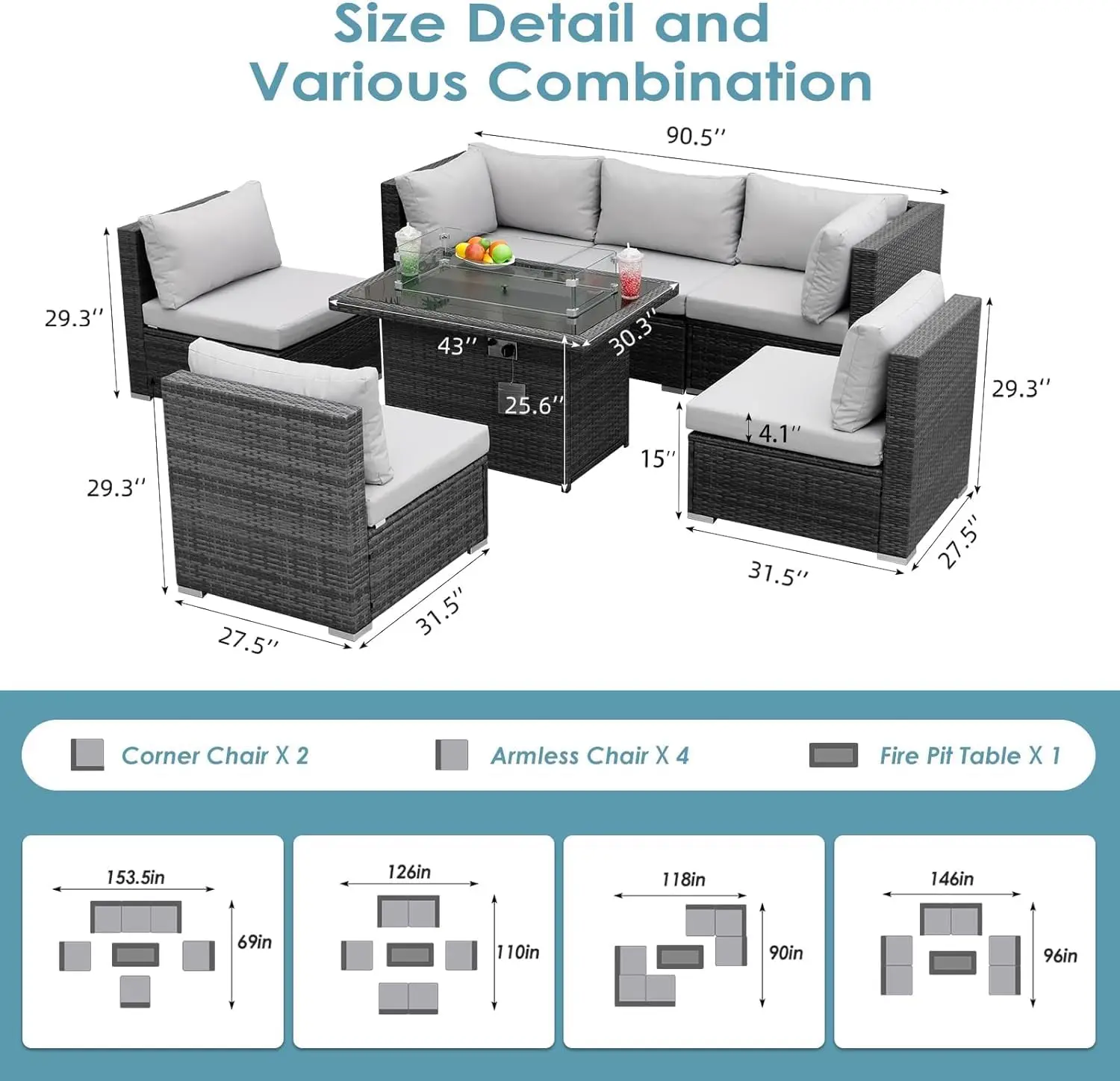 PE Wicker Patio Furniture Sectional High Back Large Size Sofa Sets with Propane Fire Pit Table Balcony Lounge Conversation Sets