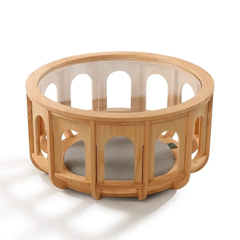 

1Креативный круглый стеклянный журнальный столик из цельного дерева для гостиной, современный простой чайный столик, приставной столик