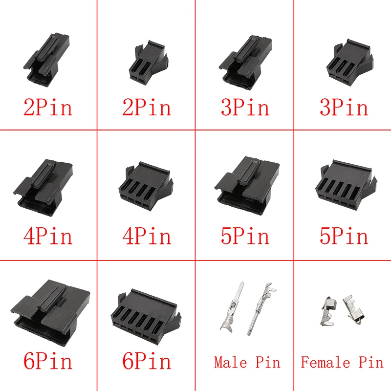 Czarny złącze JST SM o rastrze 2.54mm, 2/3/4/5/6/7/8 pinowe, męskie i żeńskie, obudowa wtyku, złącza przewodów, plastikowa obudowa, zaciskane piny.