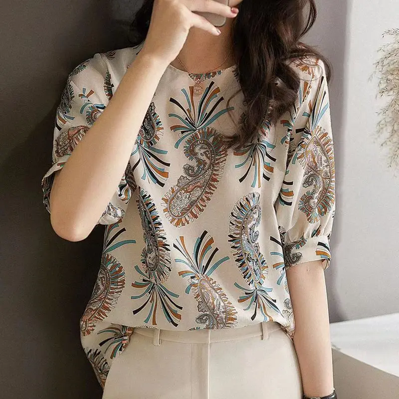 Vintage Printed O-Neck All-match Korean Blouse Women\'s Clothing 2023 Spring New Casual Pullovers Short Sleeve Office Lady Shirt