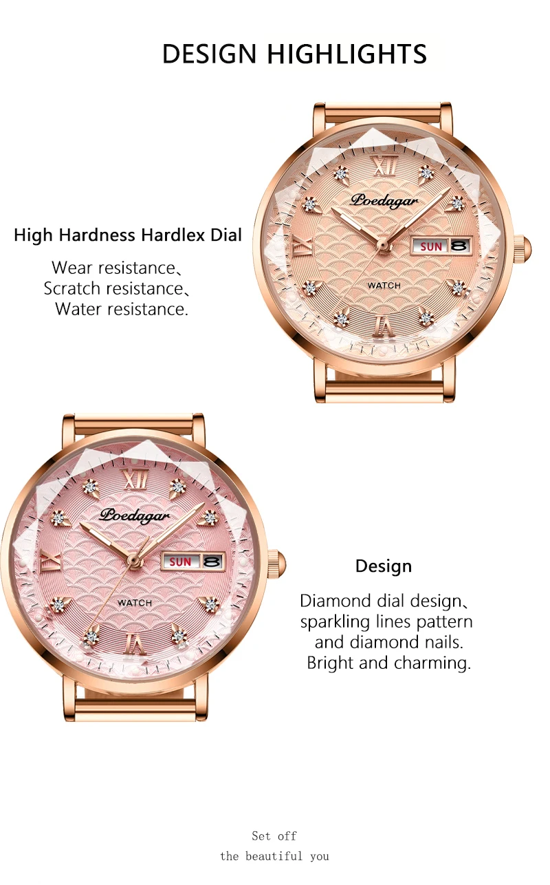 POEDAGAR Uhr Frauen Neue Mode Luxus Edelstahl Armbanduhr Armband Einfache Rose Gold Wasserdicht Leucht Damen Uhren – Detail 5