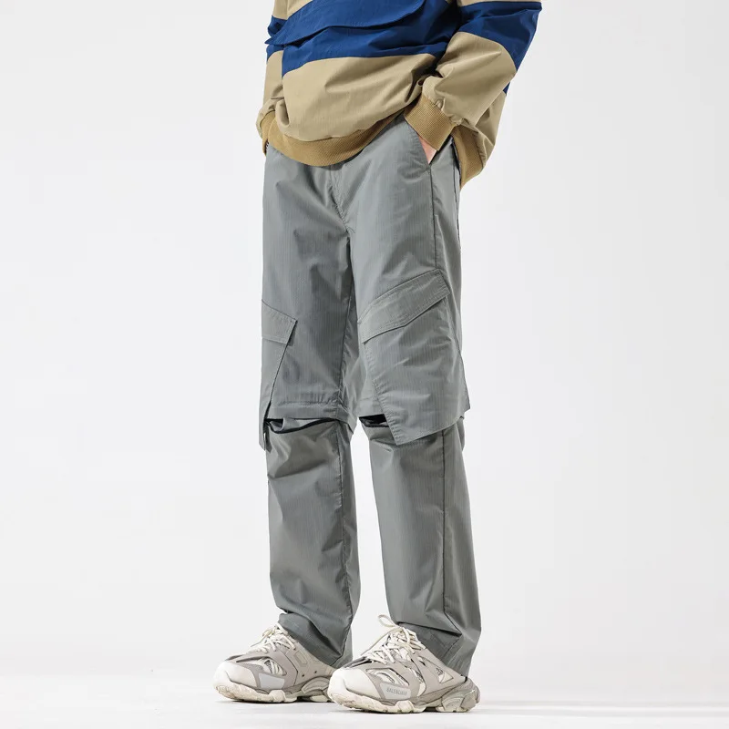 Detachable Zipper Spliced Casual Pants for Men's Loose High Street Vibe Cargo Style Pants Baggy Porkets Solid Versatile Trousers