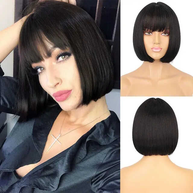 Bob corto Natural con flequillo, pelo negro liso sintético, calor suave, pelucas