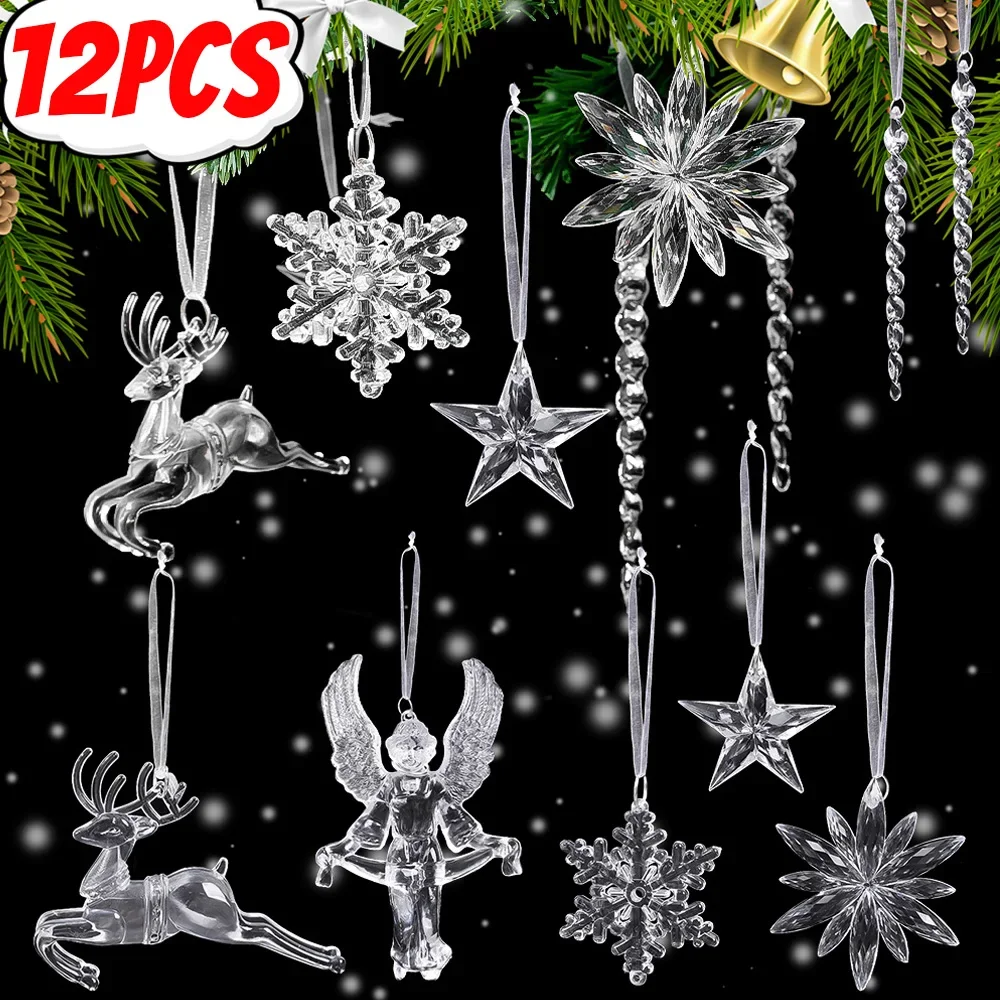 12/2PCS Acrylic Christmas Ornament Crystal Clear Snowflake Icicle Christmas Tree Pendants Holiday Winter Party Hanging Ornament