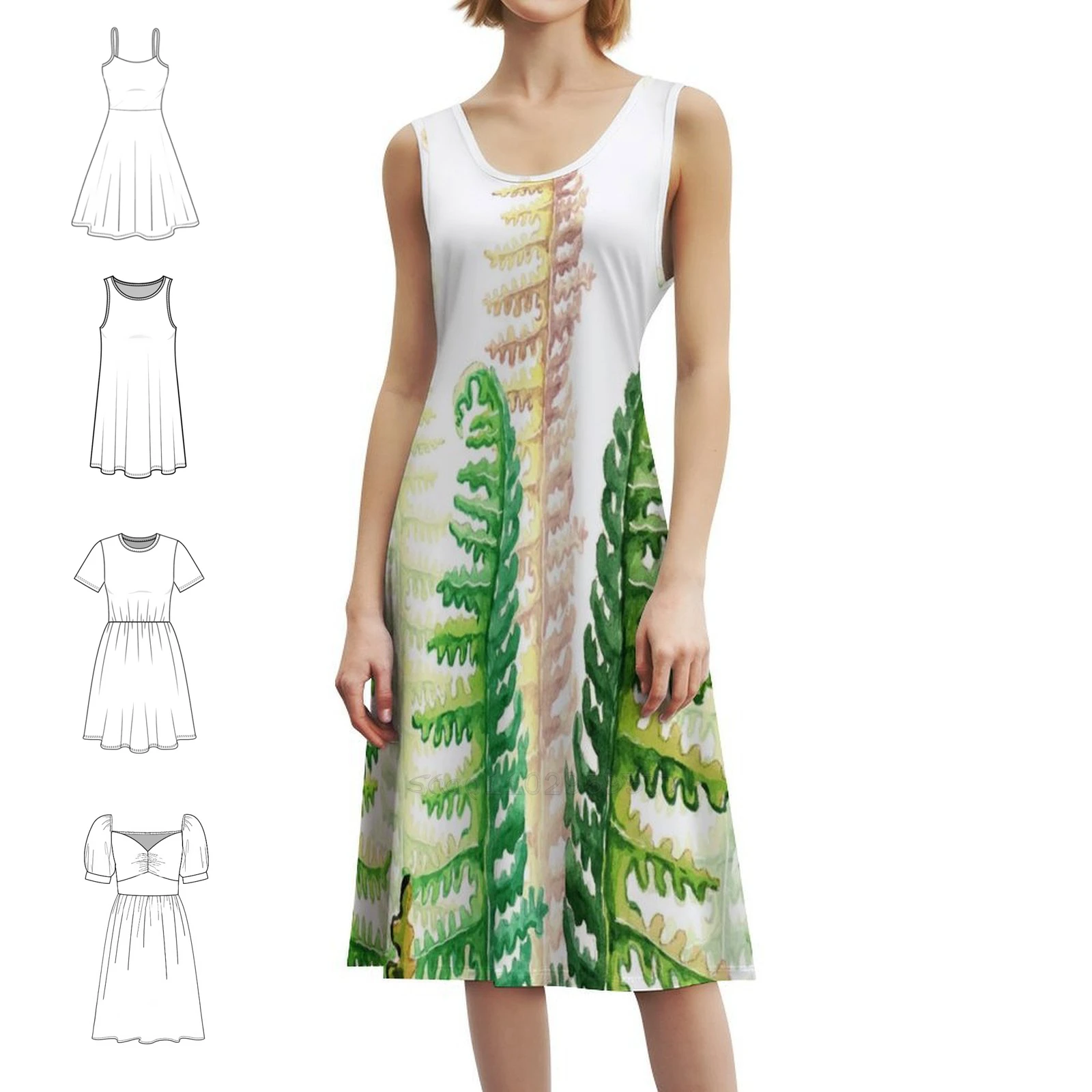 فستان Green Ferns للسيدات هيب هوب ملابس الشارع مطبوع عليه رسومات جرافيكية للحفلات والنوادي بألوان مائية طبيعية لفستانها الأخضر