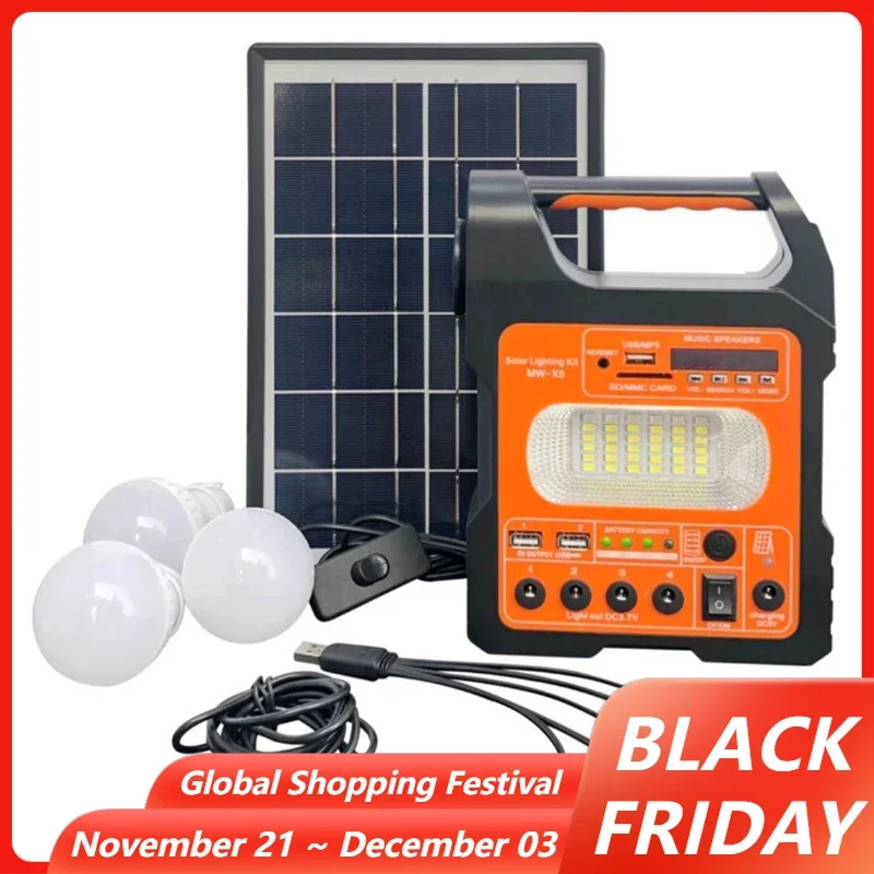 Solar Power System Portable Solar Generator Outdoor Emergency Power Supply LED Lighting with 3 Bulbs for Camping Hiking Phones