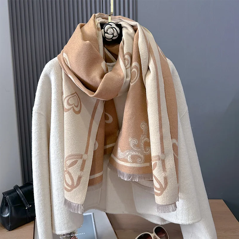 Bufanda-Écharpe épaisse de luxe pour femme, imprimé cœur, style mignon, confortable et chaud, nouveau Pashmina, automne et hiver 2024