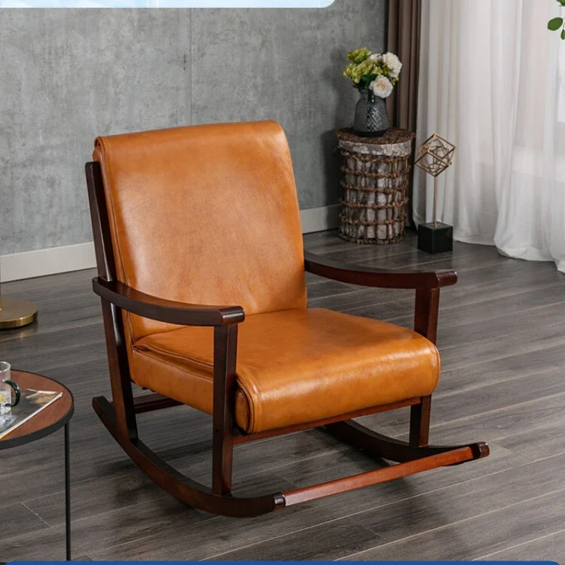 

Solid wood rocking chair lazy sofa living room balcony rocking chair leather leisure recliner cowhide sofa