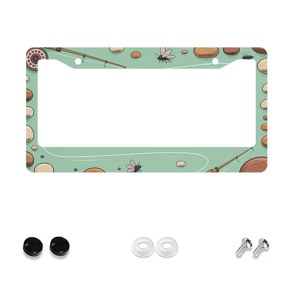 

1pc Green Fishing Theme 2-Hole License Plate Frame, Cartoon Pattern, Aluminum Material, 6x12 Inches, with Screw Set, Retro Nove