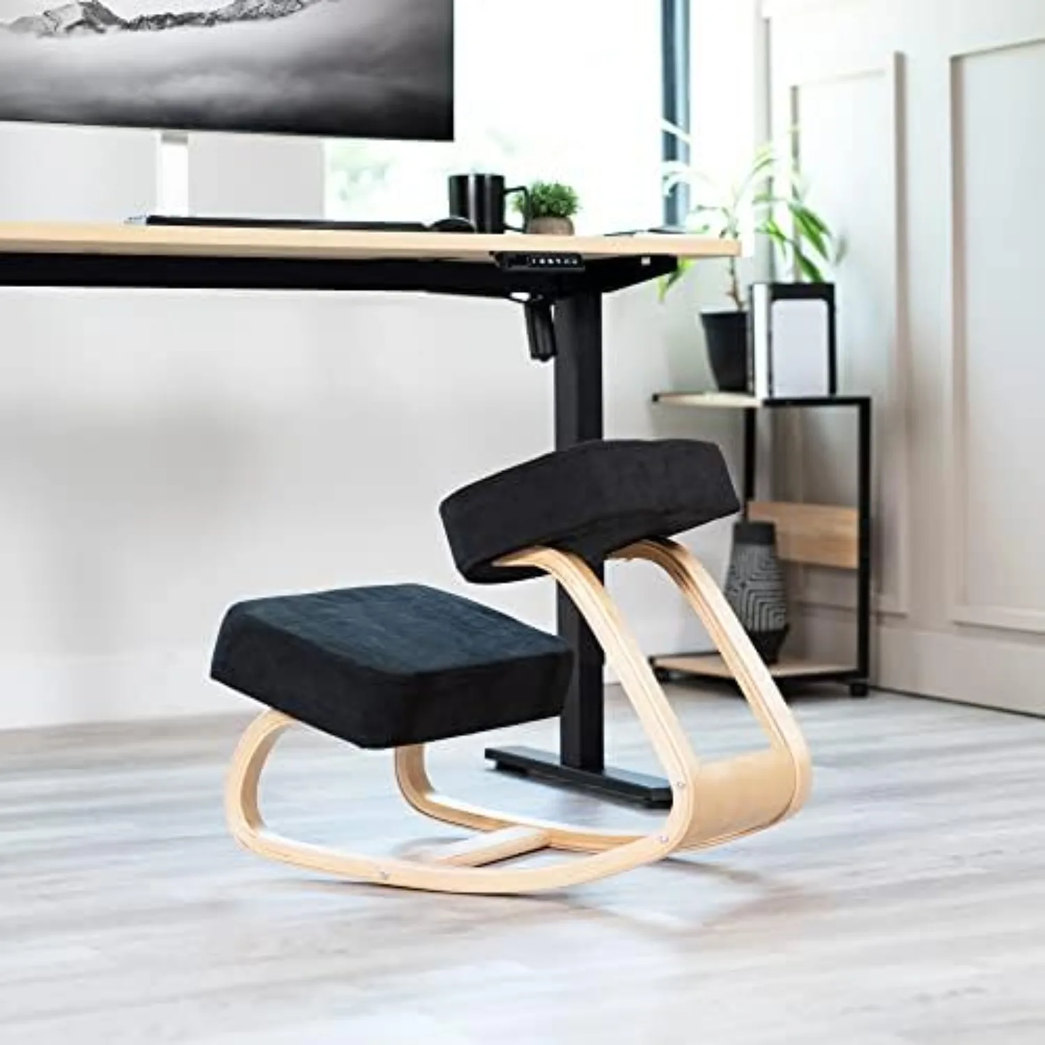 Wooden Rocking Kneeling Chair, Ergonomic Home Office Stool Posture Seat, Thick Black Cushions, Light Wood Frame