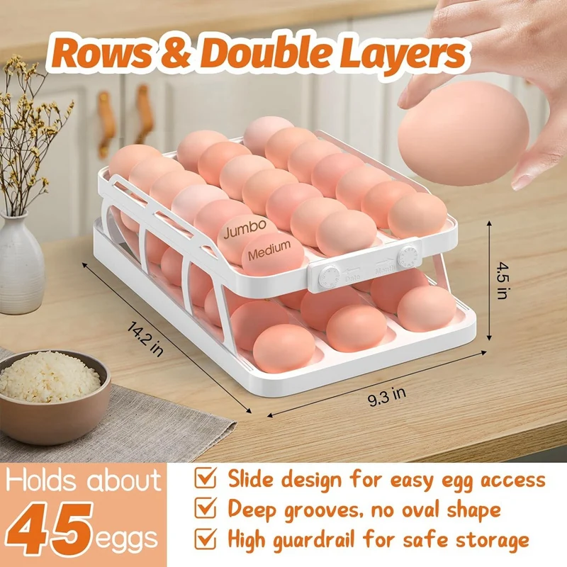 45 Eggs Holder For Fridge, 3 Rows Egg Dispenser,Freshness Ensured With Time Recorder,Space-Saving Rolling Eggs Organizer Durable