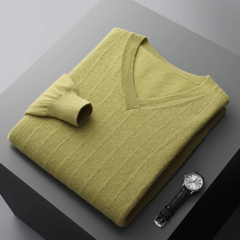Suéter de Cachemira con cuello en V para hombre, jersey de talla grande, 100% de lana pura, Jacquard, top cálido para jóvenes, otoño e invierno,