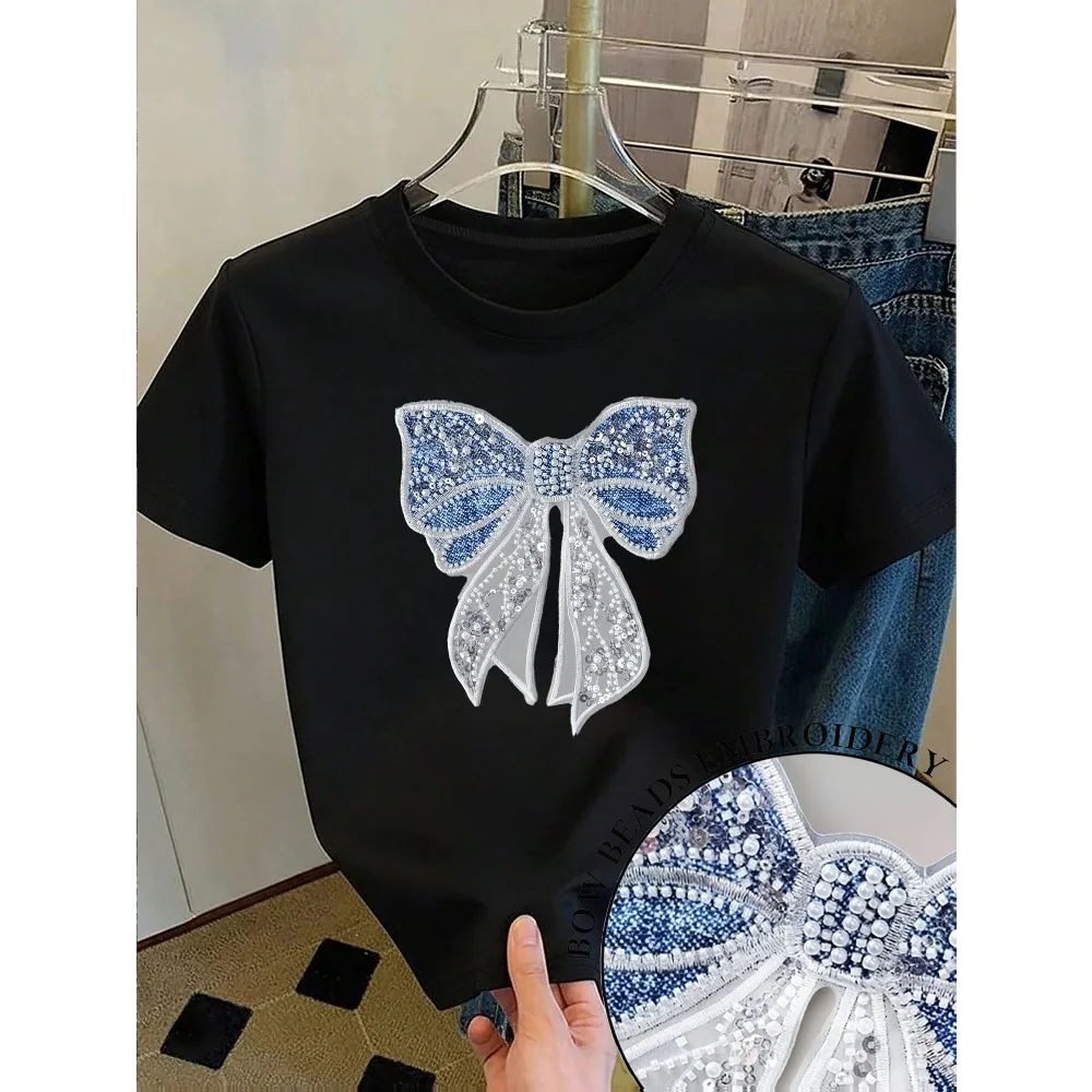 2026 New Women Clothing Women'S Fashion T-shirt Niche Design Sense Sweet Age Reducing Sweet Sequin Pearl Bow Playful Design