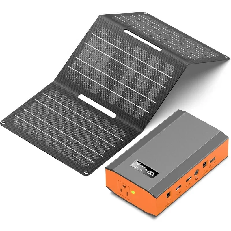 Portable Power Bank with AC Outlet 65W 110V External Battery Pack,24000mAh Portable Laptop Charger with 30W Foldable Solar Panel