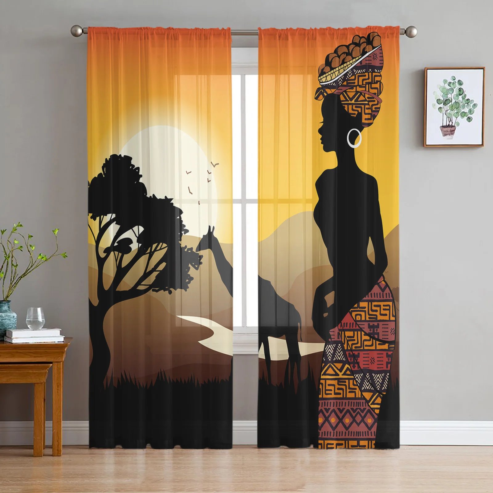 

African American Woman Ethnic Giraffe Tulle Voile Curtains For Bedroom Window Curtain Living Room Sheer Curtains Organza Drapes