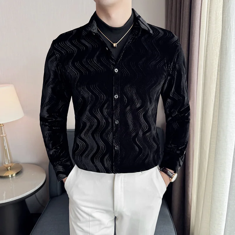 2024 Autumn/Winter New Velvet Shirt High Quality Luxury Fashion Long Sleeve Shirt Men's Slim Fit Warm Social Tailcoat Shirt