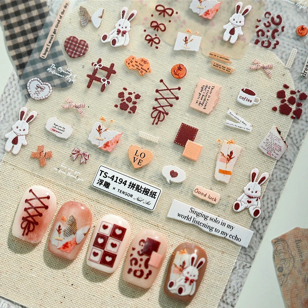 

Collage Newspaper Lovely Rabbit BowKnot Love Butterfly 5D Embossed Self Adhesive Nail Art Stickers Cute Cartoon Manicure Decals