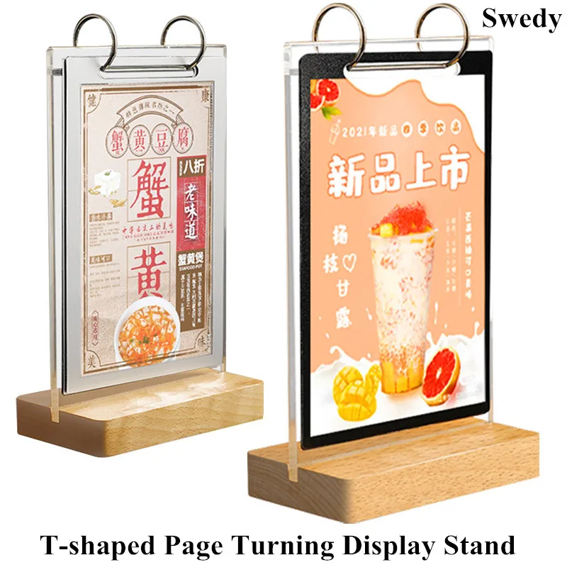 A6 105X148MM Page Turning Wood Acrylic Sign Holder Display Stand Picture Poster Paper PVC Frame Restaurant Table Menu Holder