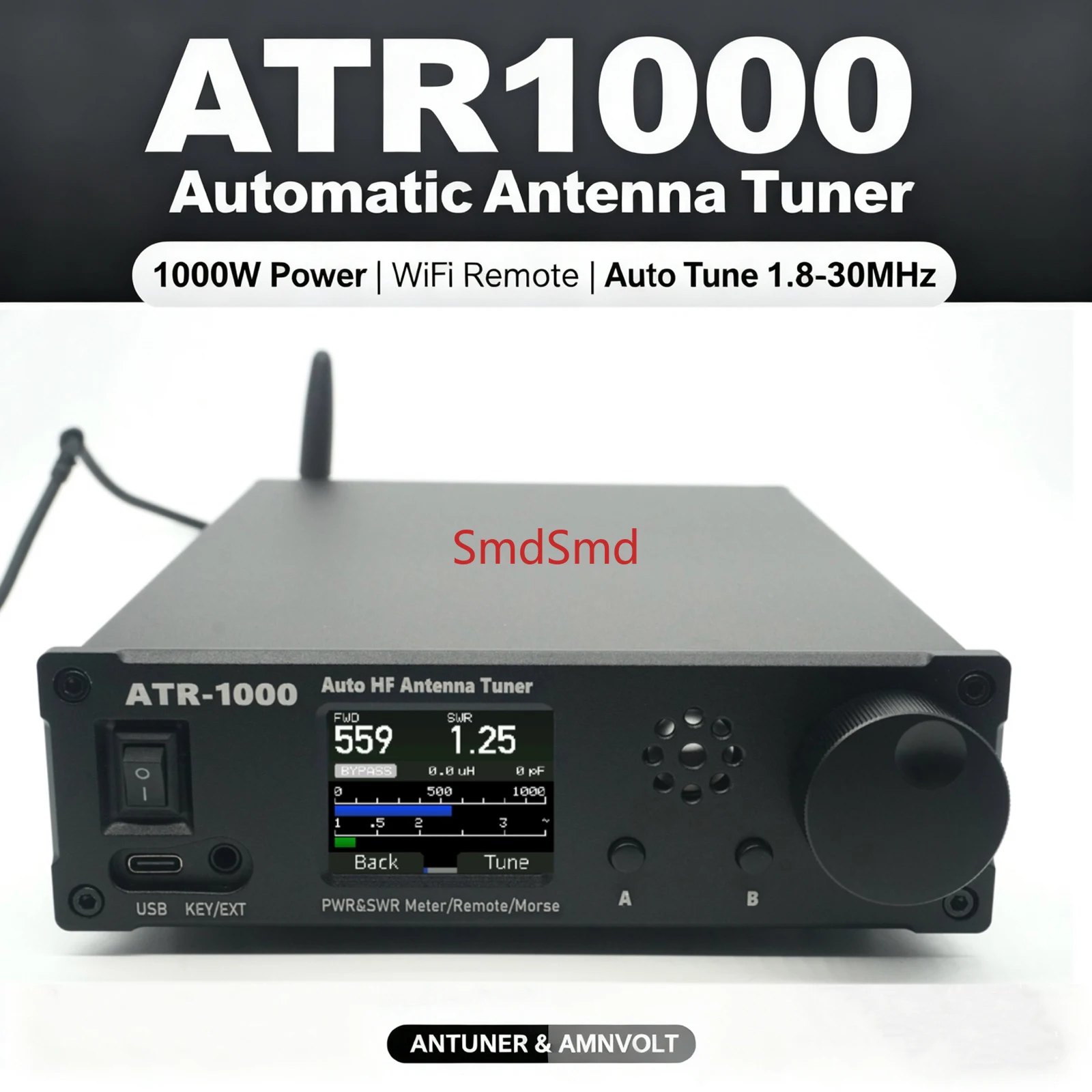 1.8In TFT Screen Mini Radio Equipment AMNVOLT ATR1000 1000W 1.8-30MHz Automatic Antenna Tuner HF Shortwave Radio Auto Tuner