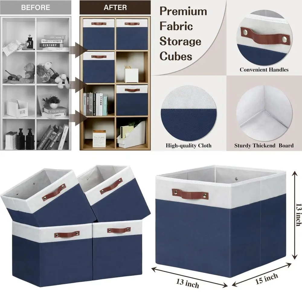 

Collapsible Fabric Storage Cubes with Handles, 4-Pack, White & Blue, 13x15x13 Inches for Home Organization