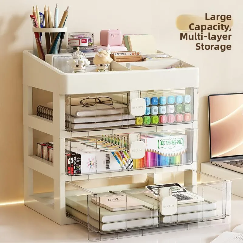 

Настольный органайзер с выдвижными ящиками, многоуровневая подставка для хранения косметики и офисных принадлежностей, пластиковый, в японском стиле