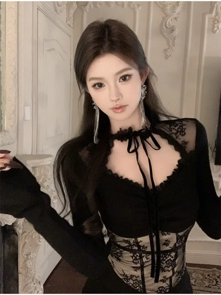 

Lace Patchwork Hollow Out Knitted Tops Women Spring Autumn Sexy Slim Irregular Short Pullover Y2k Sweet Solid T Shirts