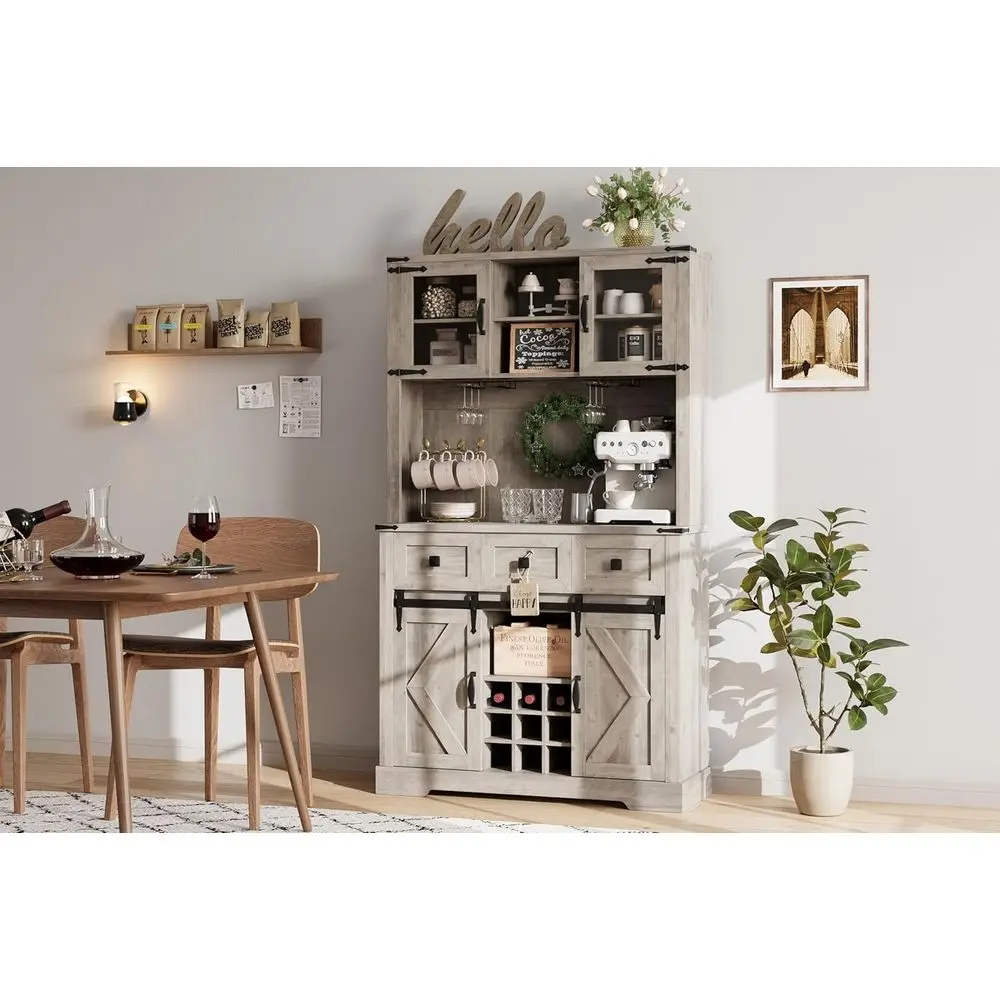 Lemari Bar Geser Rustic 72, Rak Dapur dengan Rak Anggur, 3 Laci, Bufet Ruang Tamu
