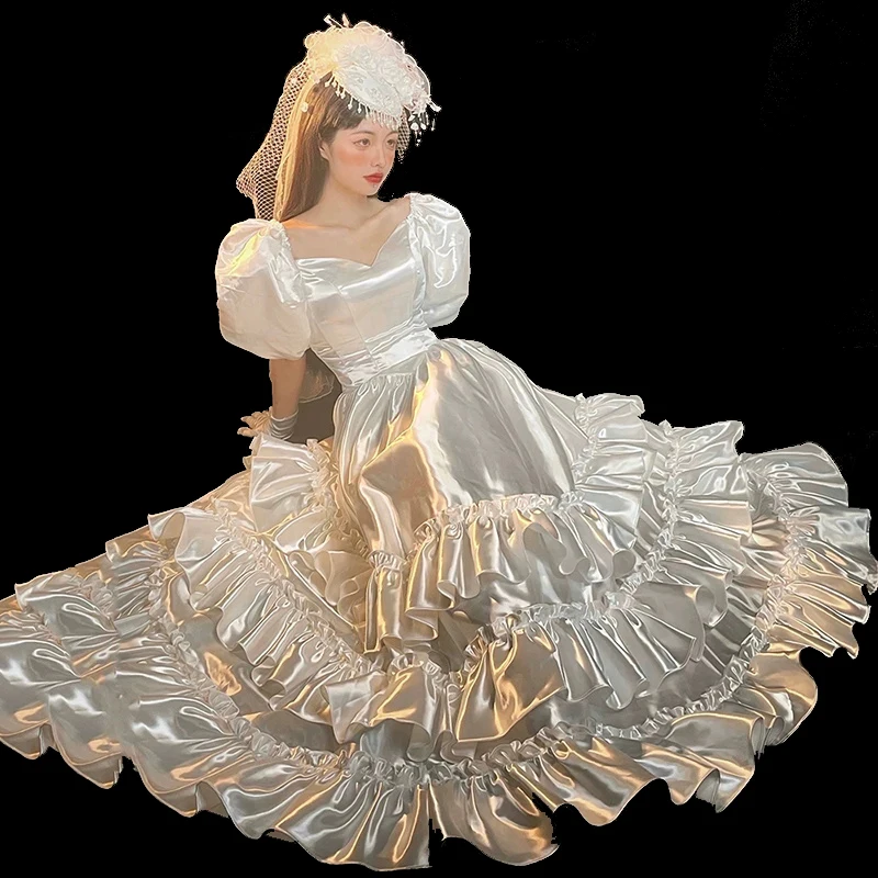 AnXin SH vintage white satin princess sweetheart big puff sleeve ruffles handmade bride Antique customized wedding dress