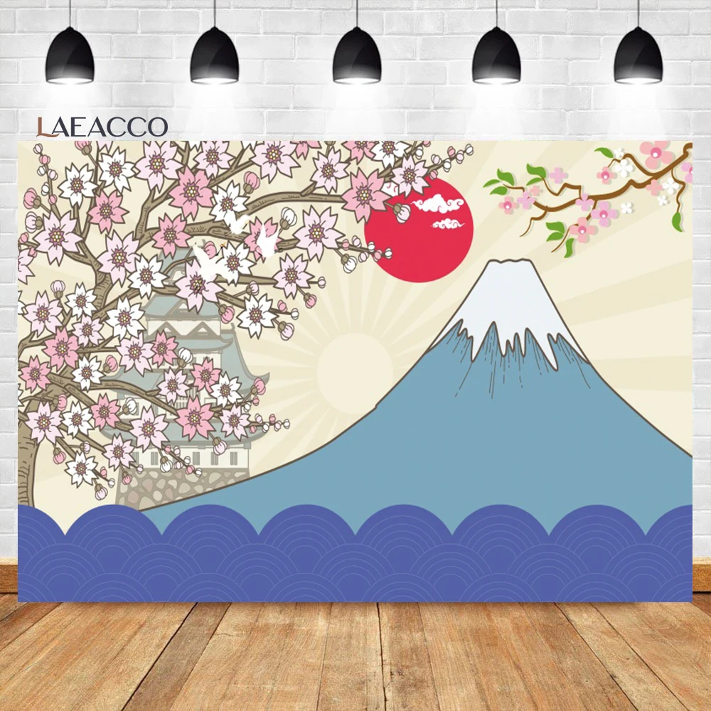 Laeacco 일본식 새해 배경 벚꽃 마운트 타워 아이 생일 초상화 사용자 정의 사진 배경