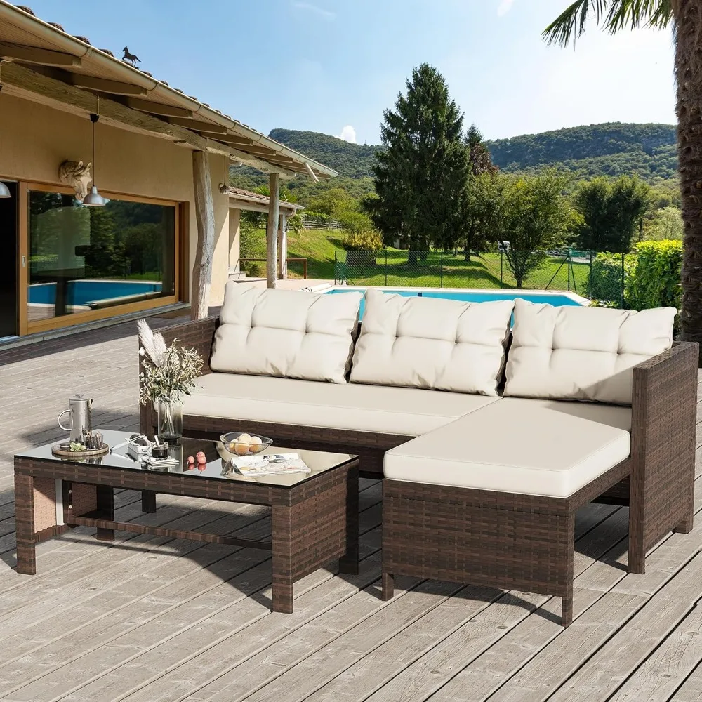 

Outdoor Furniture Sets, Wicker Patio sectional Sets 3-Piece, All Weather Wicker Rattan Patio Seating Sofas with Table,Cushion