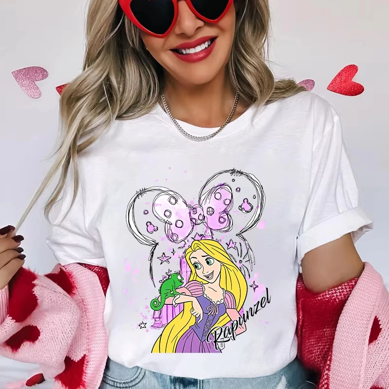 

Rapunzel Tangled Disney Castle Minnie Summer T-Shirt Girls Family Mother Daughter Casual Loose Oversized Women Short Sleeve Y2k