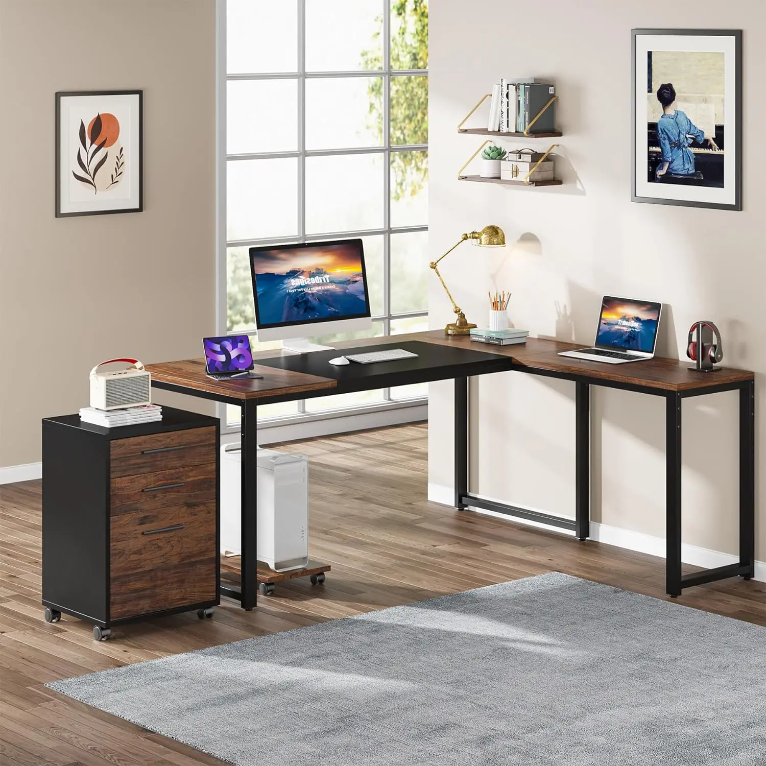 

we-L Shaped Computer Desk with Mobile File Cabinet, Large Executive Office Desk With Filing Cabinet#