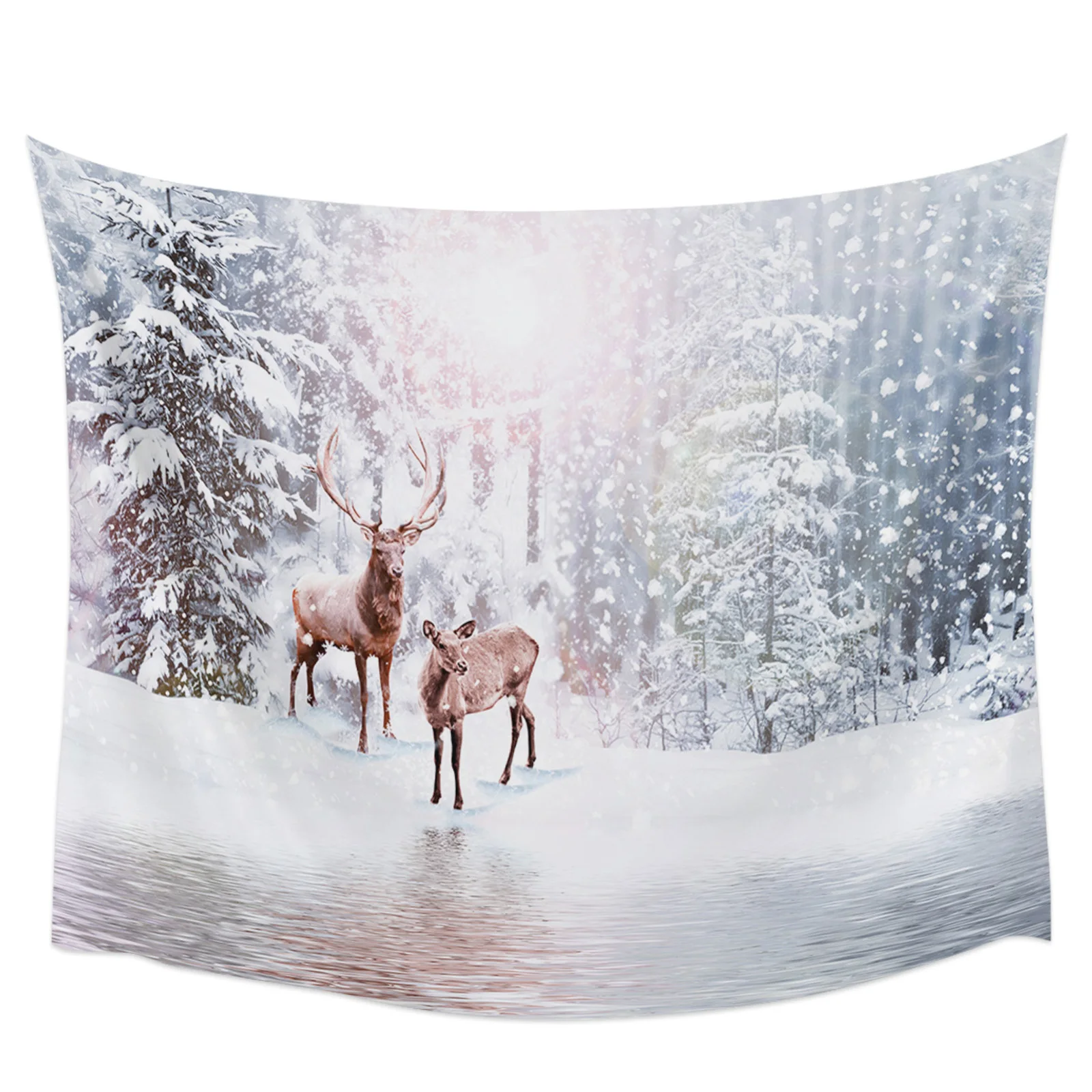 Christmas Forest Snowflakes Reindeer Tapestry Wall Hanging Boho Wall Tapestry Xmas Bedroom Living Room Decor Hanging Cloth