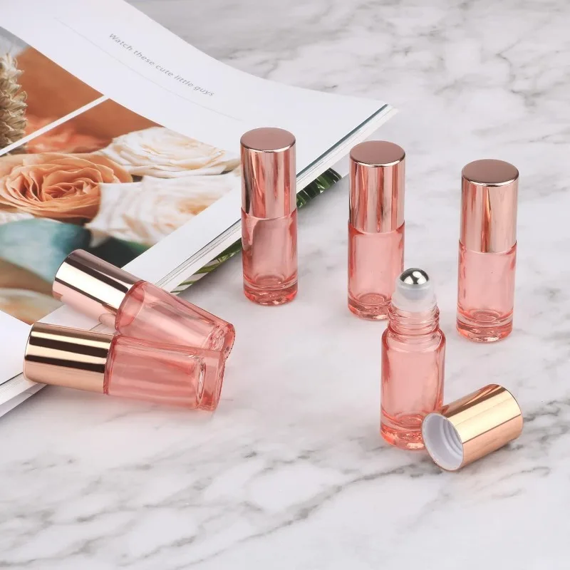 10pcs 5ml Pink Glass Roller Bottles With Rose Gold Lids Stainless Steel for Essential Oils Perfume Cosmetic Liquid