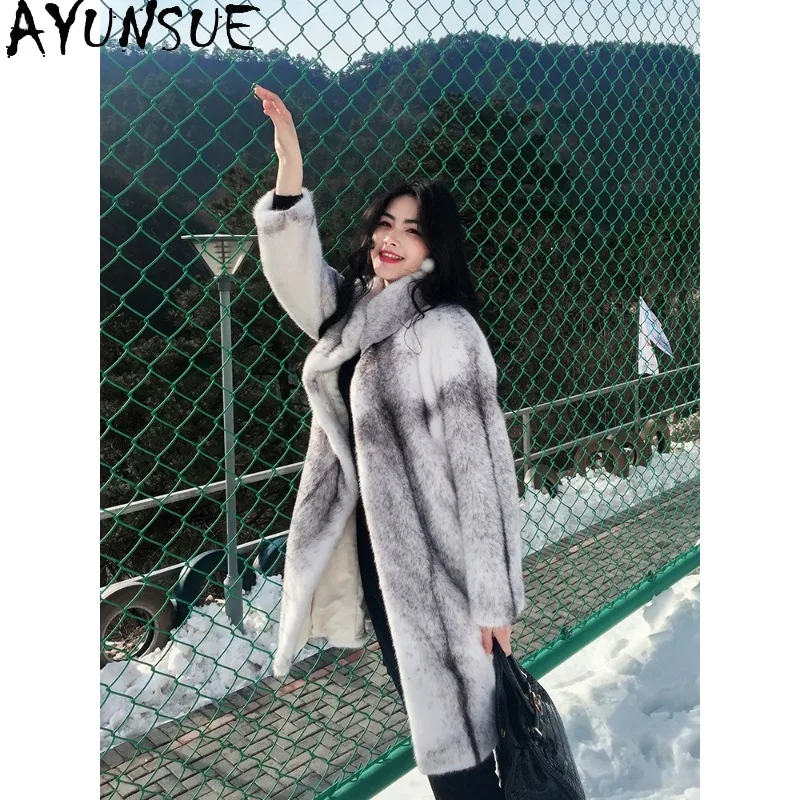 AYUNSUE 밍크 퍼 코트 여성 중간 길이 겨울 코트 여성용 고품질 우아한 패션 의류 여성용 겨울 자스 다메스