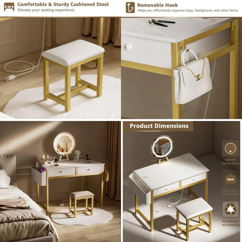 

White and Gold Makeup Vanity Desk with Mirror, Lights, Chair, and Fabric Drawers - Modern Dressing Table Set for Bedroom