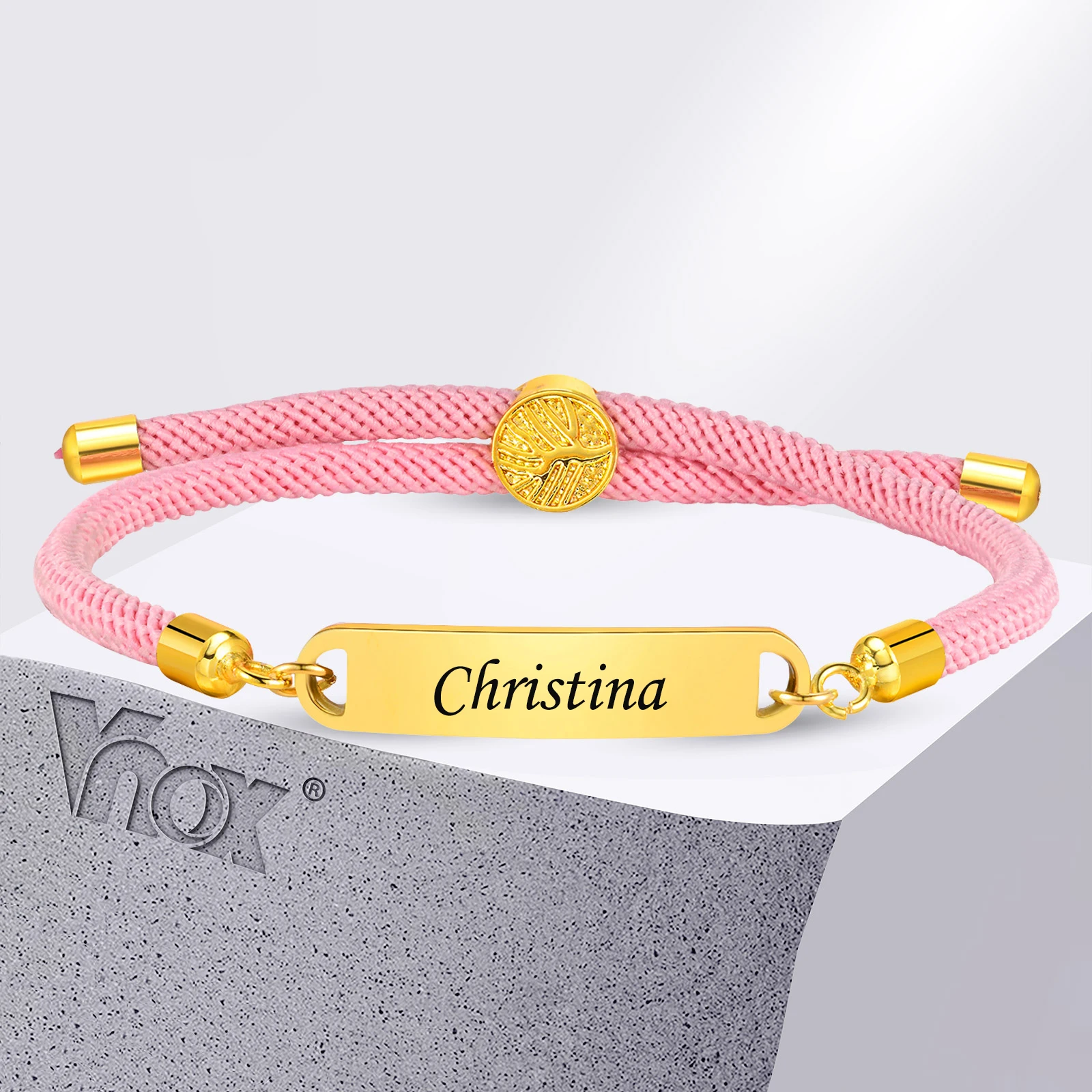 Vnox Pulseras rosas personalizadas gratis para mujeres y niñas, pulseras ajustables de cuerda de Milán con cierre de árbol de la vida, pulseras con fecha y nombre grabado, regalo