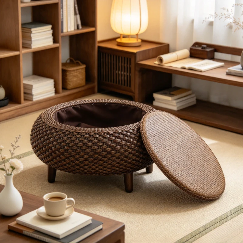 Japanese Tatami Coffee Table Handwoven Rattan Bay Window Side Desk with Storage Minimalist Tea Tables Natural Home Furniture