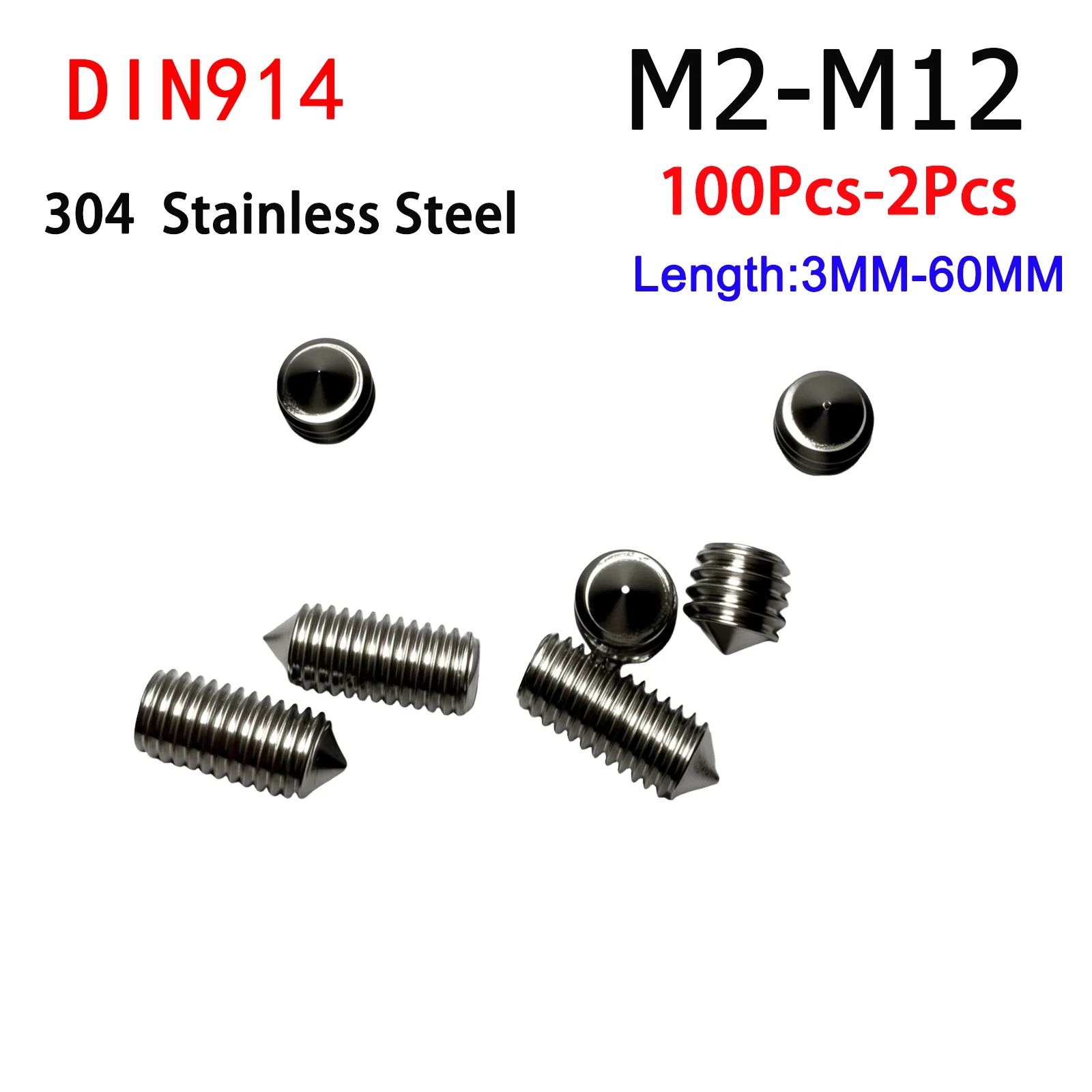 

2-100Pcs Hex Hexagon Socket Set Screw Cone Point Grub Screw M2 M2.5 M3 M4 M5 M6 M8 M10 M12 304 Stainless Steel DIN914