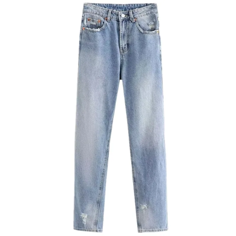 Summer 2025 Women's Casual Sle Denim Pants Long Decorative Hole Design Loose Fit Wide Leg Jeans l Waist Zipper