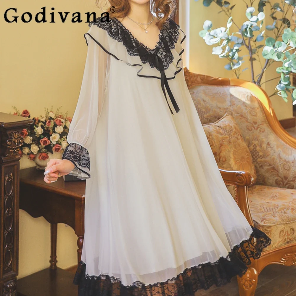 

French Court Princess Style Nightdress Women's Spring Autumn Lace Sweet White Pajamas Homewear Sleepshirts