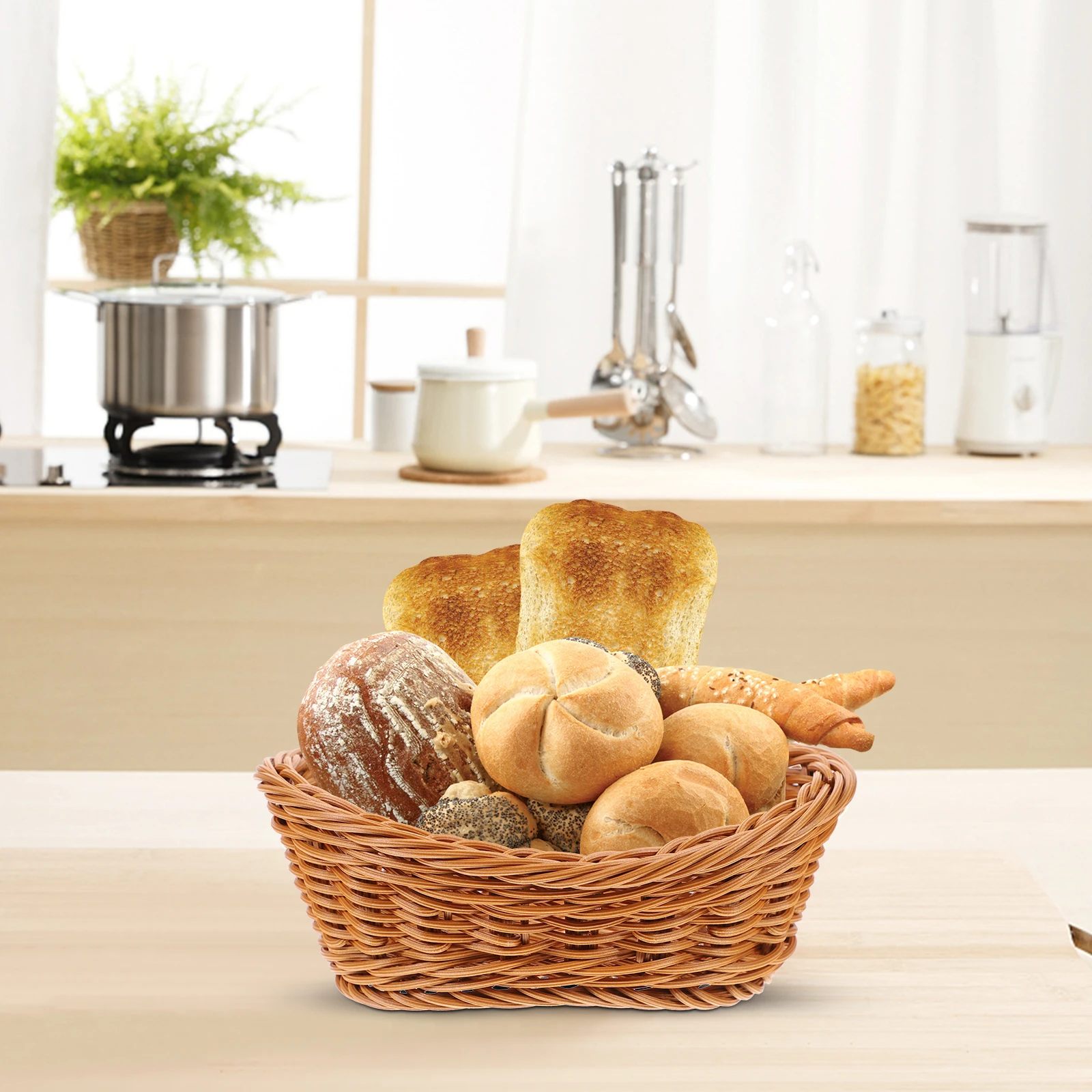 

Imitation Rattan Food Basket Wicker Bread Storage Container Snack Serving Tabletop Kitchen Organizer Light Brown