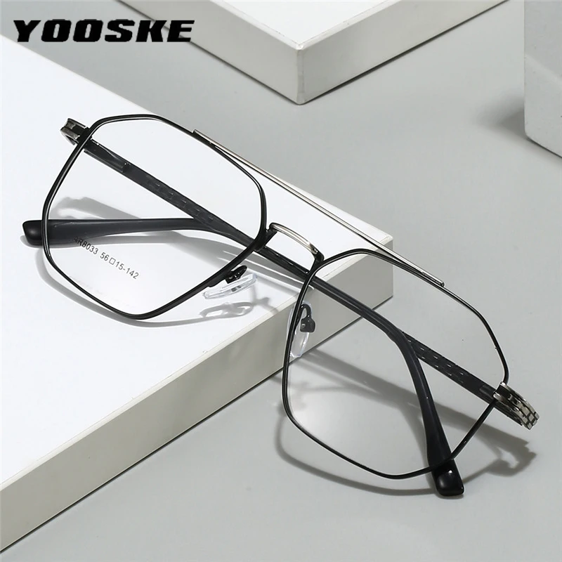 New Large Frame Retro Double Beam Flat Lens Men's Metal Glasses Can Be Paired With Myopia Women Anti Blue Light Glasses Frame